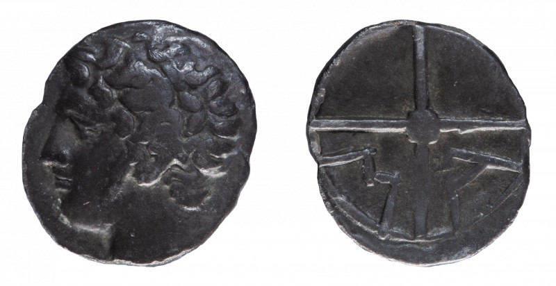 Massalia (Marseille). Obol AR circa 121-82 BC.
Obv. Juvenile head of Apollo on t...