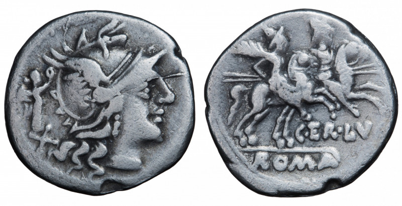 Roman Republic. Terentius. Denarius AR 147 BC, Rome.
Obv. Helmeted head of Rome ...