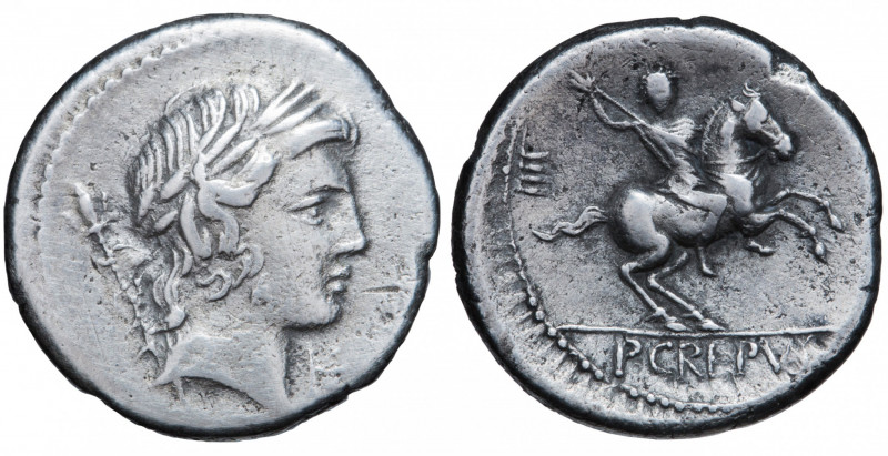 Roman Republic. P. Crepusius. Denarius AR 82 BC, Rome.
Obv. Laureate head of Apo...