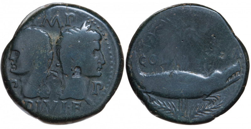 Roman Empire. Augustus & Agrippa. Dupondius classe IV Æ circa 10-14 AD, Nîmes (N...