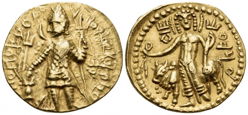 Kushan Empire (India). Vasudeva I. Dinar Au circa 192-225 AD.
Obv. ΦΑΟΝΑΝΑΟΦΑΟ ...