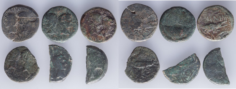 A lot containing 6 Celtic coins from Gaul. Includes: 
- 4 Dupondius from Nîmes
-...