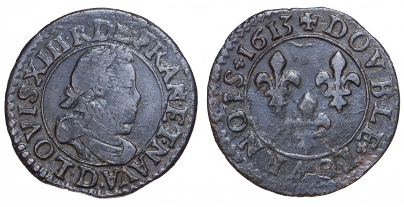 Louis XIII le Juste. Double Tournois 2e type (Cu) 1613 AD, Lyon.
Obv. .LOVIS. XI...