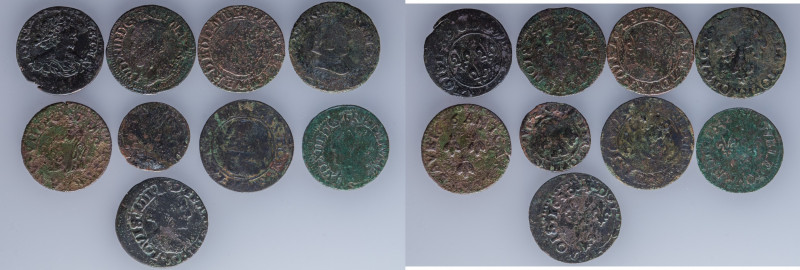 A lot containing 9 copper Royal French coins. Includes: 
- Double Tournois, 1639...
