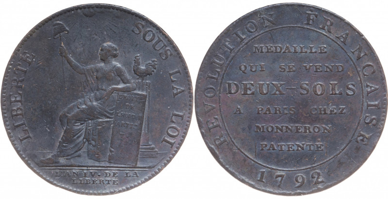 France. Constitution. Deux sols de Monneron à la Liberté (Cu) 1792 AD, Birmingha...