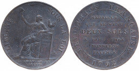 France. Constitution. Deux sols de Monneron à la Liberté (Cu) 1792 AD, Birmingham, Soho