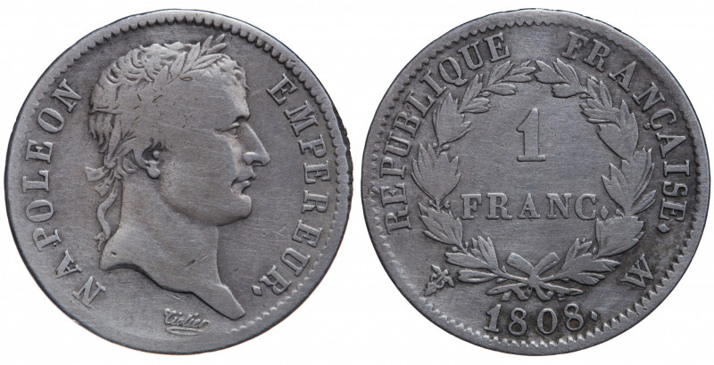 France. Premier Empire. Napoléon Empereur. 1 Franc AR 1808 W (Lille).
Obv. NAPOL...