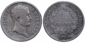 France. Premier Empire. Napoléon Empereur. 1 Franc AR 1808 W (Lille)