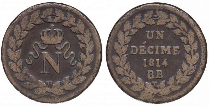 France. Premier Empire. Napoléon Empereur. Un décimé à l’N couronnée Æ 1814 BB (...