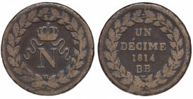 France. Premier Empire. Napoléon Empereur. Un décimé à l’N couronnée Æ 1814 BB (Strasbourg)