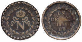 France. Premier Empire. Napoléon Empereur. Un décimé à l’N couronnée Æ 1814 BB (Strasbourg)