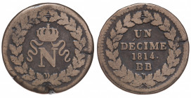 France. Premier Empire. Napoléon Empereur. Un décimé à l’N couronnée Æ 1814 BB (Strasbourg)