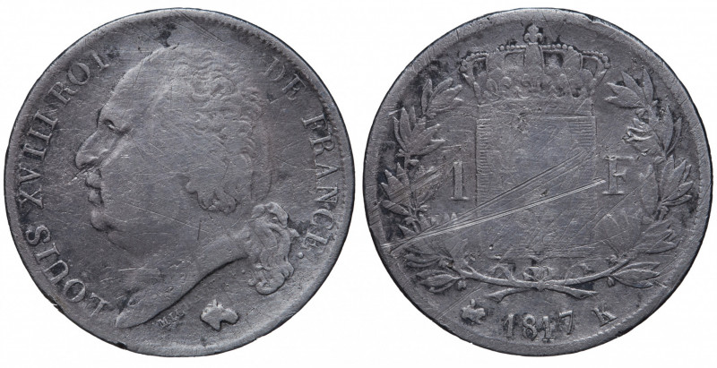 France. Louis XVIII. 1 Franc AR 1817 K (Bordeaux).
Obv. LOUIS XVIII ROI DE FRANC...