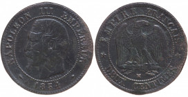 France. Napoléon III, tête nue. Deux centimes Æ 1854 MA (Marseille)