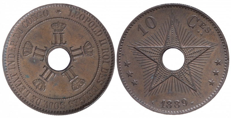 Belgian Congo. Leopold II. 10 centimes (Cu) 1889.
Catalogue references: KM.19/4
...