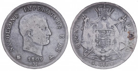 Italy. Kingdom of Italy, Napoleon Ist. 5 Lire (tranche en creux) 1809 M (Milan) AR