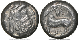 EASTERN EUROPE. Ca. 2nd century BC. AR tetradrachm (19mm, 12.81 gm, 3h). NGC VF 4/5 - 4/5. Eselohr Type. Celticized, laureate, bearded head of Zeus ri...