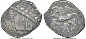 GAUL. Allobroges. Cn. Pompeius Voluntilus (ca. 70-61 BC). AR quinarius (15mm, 2.28 gm, 12h). NGC XF 5/5 - 3/5. Stylized laureate male head left / VOL,...