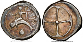 CALABRIA. Tarentum. Ca. 480-450 BC. AR didrachm (18mm, 7.31 gm). NGC VF 5/5 - 3/5. TARA, Taras astride dolphin left, right hand outstretched; scallop ...