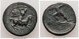 THESSALY. Pelinna. Ca. 425-350 BC. AE denomination D (16mm, 2.49 gm, 9h). Fine. Horseman galloping right, with chlamys flowing behind, brandishing spe...