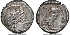ATTICA. Athens. Ca. 440-404 BC. AR tetradrachm (26mm, 17.18 gm, 11h). NGC AU 4/5 - 5/5. Mid-mass coinage issue. Head of Athena right, wearing earring,...