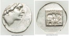 CARIAN ISLANDS. Rhodes. Ca. 88-84 BC. AR drachm (16mm, 2.36 gm, 11h). XF. Plinthophoric standard, Callixei(nos), magistrate. Radiate head of Helios ri...
