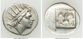 CARIAN ISLANDS. Rhodes. Ca. 88-84 BC. AR drachm (16mm, 2.42 gm, 11h). Choice XF. Plinthophoric standard, Thrasymedes, magistrate. Radiate head of Heli...