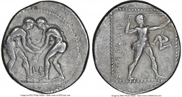 PAMPHYLIA. Aspendus. Ca. 325-250 BC. AR stater (23mm, 12h). NGC VF. Two wrestlers grappling, LΦ between / Slinger standing right; triskeles to right, ...