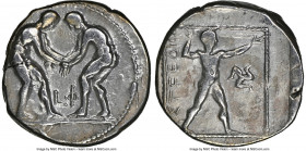 PAMPHYLIA. Aspendus. Ca. 325-250 BC. AR stater (22mm, 11h). NGC Choice Fine. Two wrestlers grappling, LΦ between / Slinger standing right; triskeles t...