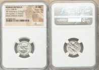 Anonymous. Ca. 211-208 BC. AR victoriatus (17mm, 2.95 gm, 10h). NGC Choice MS 5/5 - 5/5. Laureate head of Jupiter right; dotted border / ROMA, Victory...