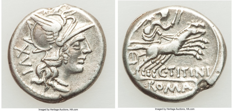 C. Titinius (ca. 141 BC). AR denarius (18mm, 3.78 gm, 8h). VF. Rome. Head of Rom...