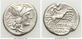 C. Titinius (ca. 141 BC). AR denarius (18mm, 3.78 gm, 8h). VF. Rome. Head of Roma right, wearing winged helmet decorated with griffin crest, XVI (mark...