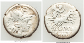 C. Titinius (ca. 141 BC). AR denarius (18mm, 3.70 gm, 5h). Fine. Rome. Head of Roma right, wearing winged helmet decorated with griffin crest, XVI (ma...