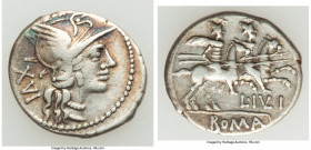 L. Julius (ca. 141 BC). AR denarius (20mm, 3.49 gm, 5h). Choice VF. Rome. Head of Roma right, wearing winged helmet decorated with griffin crest; XVI ...