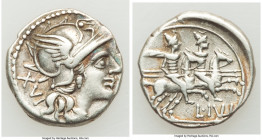 L. Julius (ca. 141 BC). AR denarius (18mm, 3.87 gm, 5h). Choice VF. Rome. Head of Roma right, wearing winged helmet decorated with griffin crest; XVI ...