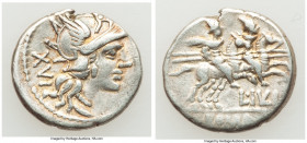 L. Julius (ca. 141 BC). AR denarius (19mm, 3.79 gm, 1h). VF. Rome. Head of Roma right, wearing winged helmet decorated with griffin crest; XVI (mark o...