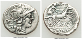 C. Valerius C.f. Flaccus (140 BC). AR denarius (19mm, 3.76 gm, 4h). Choice VF. Rome. Head of Roma right, wearing winged helmet decorated with griffin ...