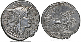 Q. Fabius Labeo (ca. 124 BC). AR denarius (19mm, 3.88 gm, 2h). NGC XF 4/5 - 3/5. Rome. LABEO-ROMA, head of Roma right, wearing pendant earring, neckla...