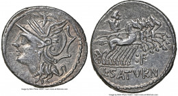 L. Appuleius Saturninus (ca. 104 BC). AR denarius (19mm, 3.94 gm, 2h). NGC Choice XF 5/5 - 2/5, graffito. Rome. Head of Roma left, wearing pendant ear...