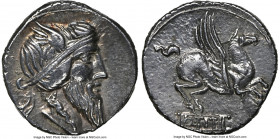 Q. Titius (90 BC). AR denarius (17mm, 3.80 gm, 7h). NGC Choice XF 5/5 - 3/5. Rome. Head of male right, hair bound with winged diadem / Q. TITI on insc...