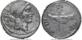 Albinus Bruti f. (ca. 48 BC). AR denarius (18mm, 3.32 gm, 6h). NGC XF 4/5 - 2/5, brushed, bankers marks. Rome. PIETAS, head of Pietas right, wearing p...