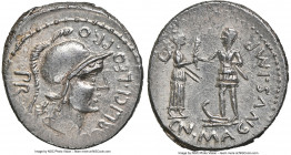 Cnaeus Pompey Junior (46-45 BC), with M. Poblicius, as Legate Pro Praetore. AR denarius (20mm, 3.78 gm, 7h). NGC Choice AU 4/5 - 4/5. Uncertain mint i...