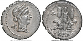Julius Caesar, as Dictator (49-44 BC). AR denarius (19mm, 3.71 gm, 5h). NGC AU 5/5 - 2/5. Military mint traveling with Caesar in Spain, ca. late 46-ea...