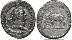 Titus (AD 79-81). AR denarius (18mm, 3.09 gm, 6h). NGC AU 5/5 - 2/5. Rome, January-June AD 80. IMP TITVS CAES VESPASIAN AVG P M, laureate head of Titu...