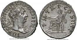Trajan (AD 98-117). AR denarius (19mm, 3.41 gm, 7h). NGC Choice AU 5/5 - 4/5. Rome, AD 98-99. IMP CAES NERVA TRAIAN AVG GERM, laureate head of Trajan ...