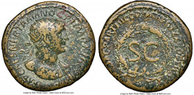 Trajan (AD 98-117). AE As (24mm, 5h). NGC Fine. Rome, AD 114-117. IMP CAES NER TRAIANO OPTIMO AVG GERM, radiate bust of Trajan to right, with slight d...