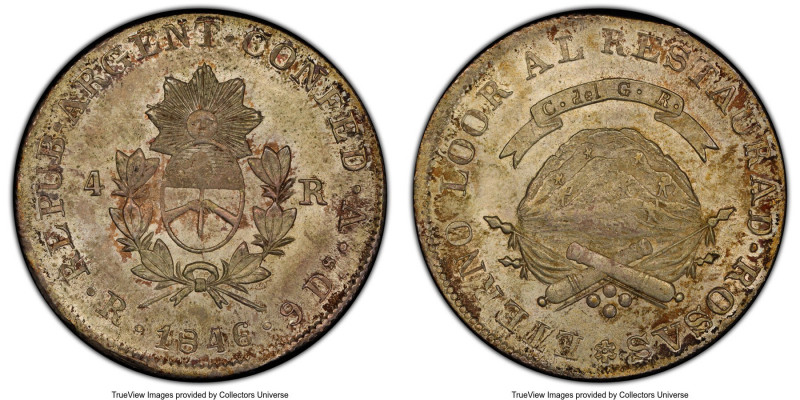 La Rioja. Provincial 4 Reales 1846-RV MS63 PCGS, KM20. First year of three year ...