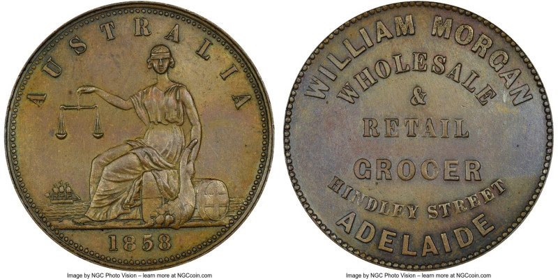 Adelaide. William Morgan "Wholesale and Retail Grocer" Penny Token 1858 MS62 Bro...