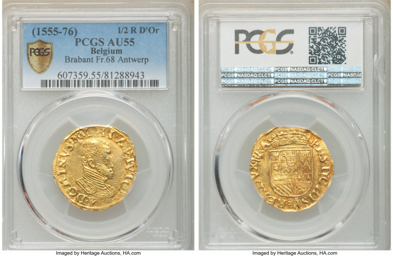Brabant. Philip II of Spain gold 1/2 Real d'Or ND (1555-1576) AU55 PCGS, Antwerp...