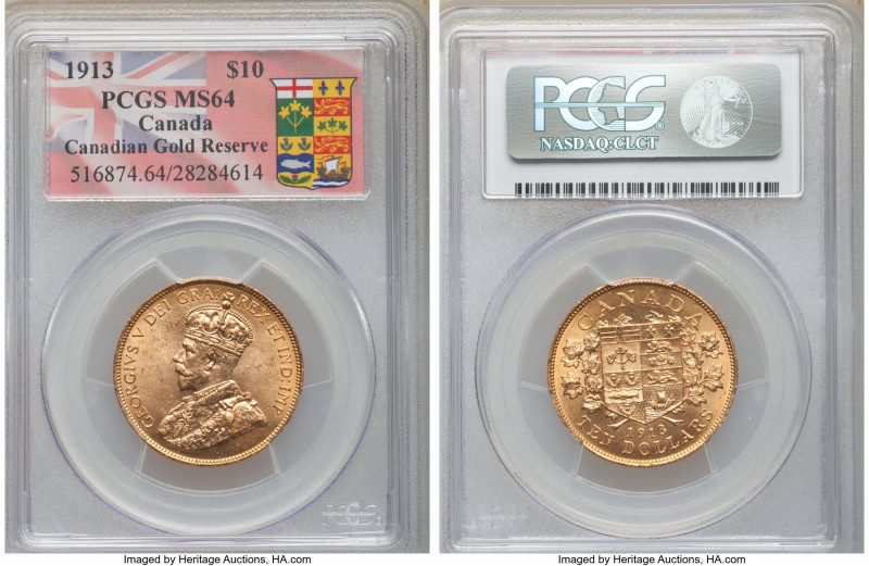 George V gold 10 Dollars 1913 MS64 PCGS, Ottawa mint, KM27. Three year type. Can...